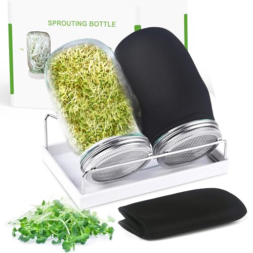 Organic Seed Sprouting Jar Kit – 2 × 32 oz Wide-Mouth Mason Jars with Stainless-Steel Sprouter Lids & Stand, Blackout Sleeves, Drain Tray – Grow Broccoli, Alfalfa & Bean Microgreens - color: Stainless Steel