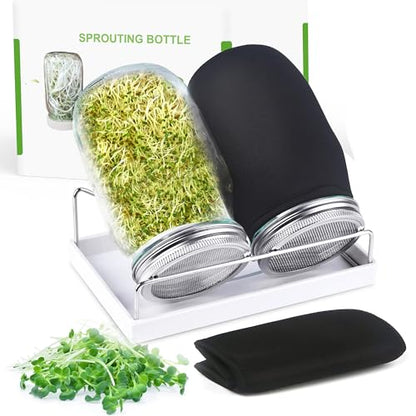 Organic Seed Sprouting Jar Kit – 2 × 32 oz Wide-Mouth Mason Jars with Stainless-Steel Sprouter Lids & Stand, Blackout Sleeves, Drain Tray – Grow Broccoli, Alfalfa & Bean Microgreens - color: Stainless Steel
