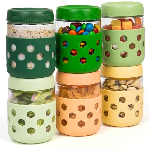 Gemice 6-Pack 16 oz Overnight Oats Containers with Lids and Silicone Sleeves, Glass Mason Jars with Airtight Lid, Dishwasher Safe, Wide Mouth Chia Seed Pudding Meal Prep Jar for Yogurt Berries Snack - color: Green, size: 16oz, 6-Pack