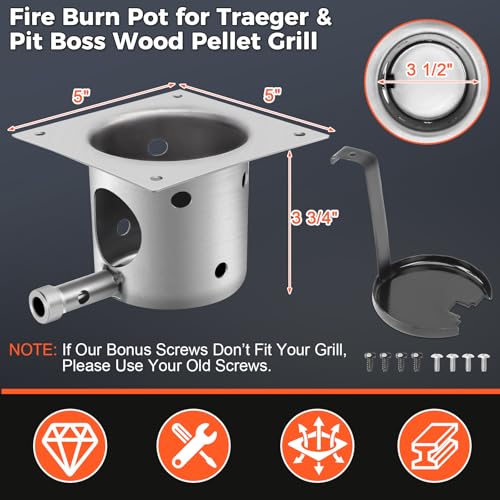 Upgraded Fire Burn Pot Replacement Parts for Pit Boss and Traeger Wood Pellet Grill Smoker, Fire Burner Pot for Traeger Pro 22 34 Fire Pot, Heavy - Duty Steel Burn Pot with Ash Remover and Screws - size: Fire Burn Pot