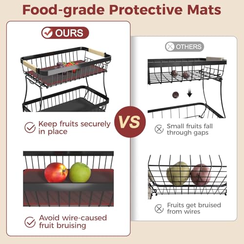 Sevenblue 2-Tier Fruit Basket with Banana Hangers, Detachable Metal Bowl | Wooden handle, protective mats included. Versatile holder for bread, snacks, and veggies. Large 2 tier metal design. - color: Black, size: 2 Tier