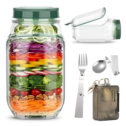 Salad Jar with Side Opening, Mason Jar Pod Lunch Container for Meal Prep, Leakproof Airtight Salad Shaker with Dressing Container, BPA Free & Dishwasher Safe for Office & Travel