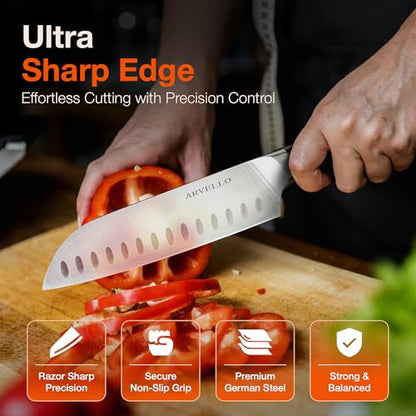 ARVELLO Santoku Knife - 7-Inch Japanese-Style All Purpose Knife for Home Cooks & Professional Chefs - German High Carbon Stainless Steel Blade, Full Tang, G10 Handle, Ultra-Sharp Edge
