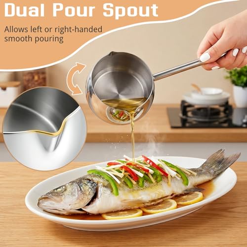 SOUJOY 2Pcs Stainless Steel Oil Ladle with Dual Pour Spout, 9oz Sauce Scoop | SUS304 Small Milk Pot, Heat-Resistant Long Handle Soup Gravy Spoon, Butter Warmer for Kitchen Cooking Serving