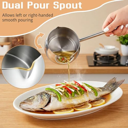 SOUJOY 2Pcs Stainless Steel Oil Ladle with Dual Pour Spout, 9oz Sauce Scoop | SUS304 Small Milk Pot, Heat-Resistant Long Handle Soup Gravy Spoon, Butter Warmer for Kitchen Cooking Serving
