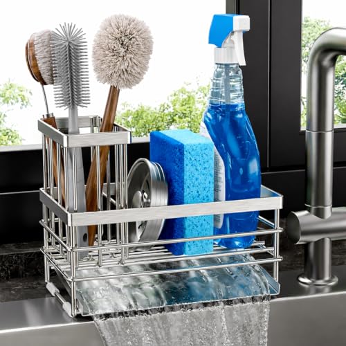 Cisily Sink Caddy Sponge Holder for Kitchen with Brush Holder and Stainless Steel Self Drain Tray, Rustproof Kitchen Sink Organizer for Sponge, Soap Dispenser Storage Accessories - color: Silver, size: 8.26''