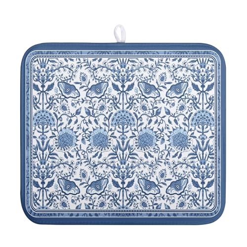 Blue Floral Dish Drying Mat for Kitchen Counter Boho Flowers Dishes Drainer Mats Rustic Farmhouse Microfiber Absorbent Dish Draining Spring Summer Reversible Dish Rack Pad 16x18 Inch - color: Blue Floral, size: 16" x 18"