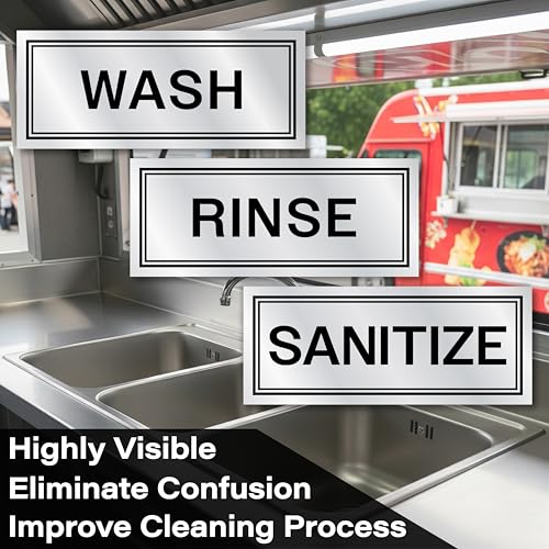 Metallic Wash Rinse Sanitize Sink Labels for 3 Compartment Sinks, Made in USA, 5.5x2.25 Handwash Only Sign Wash Rinse Sanitize Sink Stickers, Commercial Kitchen Labels Restaurant Bussing Station Sign