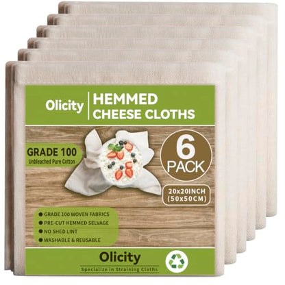 Olicity Cheese Cloths, 6Pack, Grade 100,20x20Inch Hemmed Cheese Cloth Fabric Reusable Fine Mesh Cloth, 100% Cotton Unbleached Precut Muslin Cheesecloth for Straining, Cooking, Yogurt, Juicing