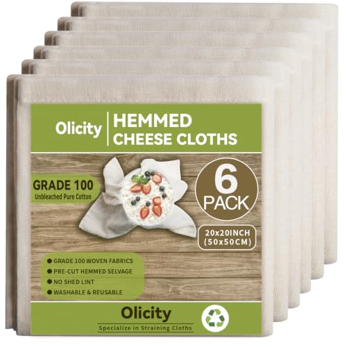 Olicity Cheese Cloths, 6Pack, Grade 100,20x20Inch Hemmed Cheese Cloth Fabric Reusable Fine Mesh Cloth, 100% Cotton Unbleached Precut Muslin Cheesecloth for Straining, Cooking, Yogurt, Juicing