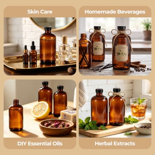 8 Pack 16oz Amber Glass Bottles with Caps and Labels - Large Boston Round Syrup Bottles for Elderberry, Liquid Supplements, Kombucha & Vanilla Extract - Airtight & Leakproof Apothecary Bottles