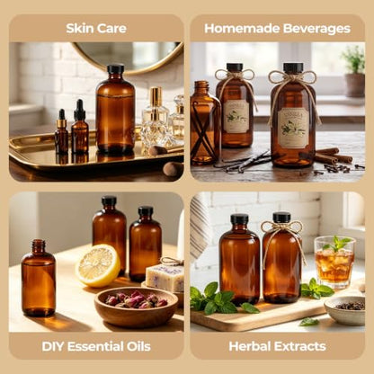 8 Pack 16oz Amber Glass Bottles with Caps and Labels - Large Boston Round Syrup Bottles for Elderberry, Liquid Supplements, Kombucha & Vanilla Extract - Airtight & Leakproof Apothecary Bottles