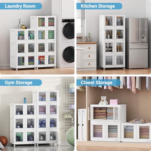 BROVIEW 300Qt Plastic Foldable Storage Bins with Lids & Doors, 75Gal Stackable Closet Organizer and Storage Drawers with Wheels, Collapsible Storage Cabinet, Shelves for Home Kitchen, V10 3Pack White