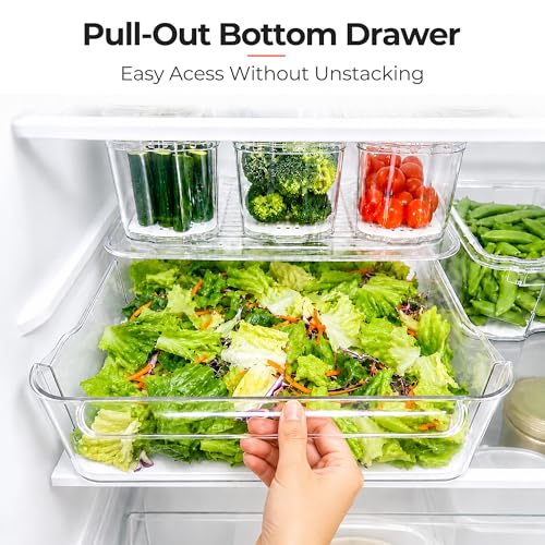 SMRCAD Clear Fridge Bins with Drain Trays - BPA-Free PET, Stackable(6 Pack) | 6 Pack: 1 Drawer + 5 lidded Bins, Helps Keep Produce Fresh, 16.3L Capacity, Hand Wash Only