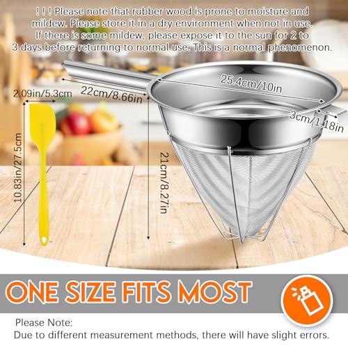 SiliFine 10 Inch Stainless Steel Reinforced Bouillon Sieve Strainer Cone Fine Mesh Strainer with Handle and Rubber Pestle for Kitchen Food Cooking - size: 10 Inch