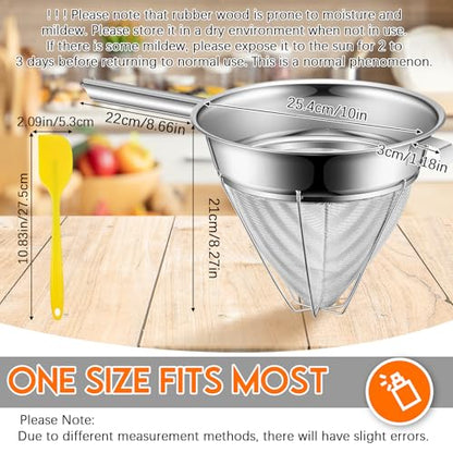 SiliFine 10 Inch Stainless Steel Reinforced Bouillon Sieve Strainer Cone Fine Mesh Strainer with Handle and Rubber Pestle for Kitchen Food Cooking - size: 10 Inch