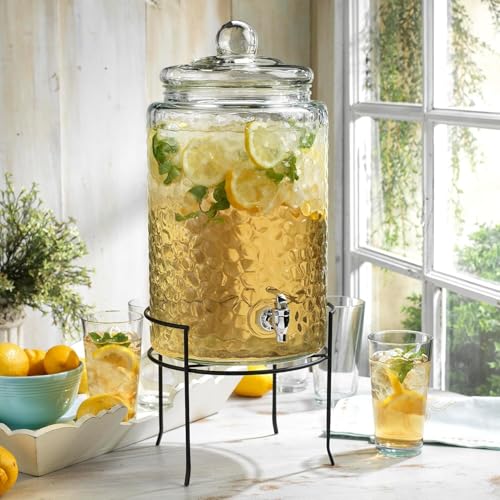 3 Gallon Glass Drink Dispenser with Metal Stand & Lid – Hammered Beverage Dispenser with Leakproof Spigot, Wide Mouth for Easy Fill – Ideal for Parties, Lemonade, Iced Tea, Sangria & More - color: Clear-3 Gallon
