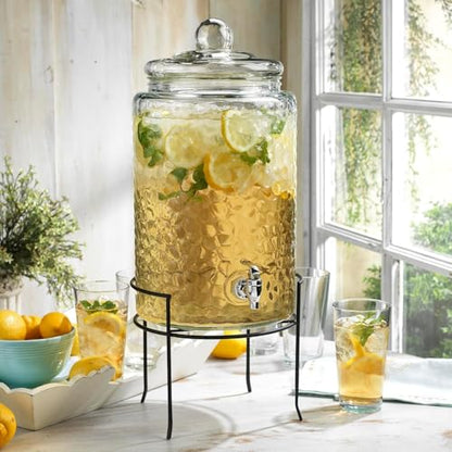 3 Gallon Glass Drink Dispenser with Metal Stand & Lid – Hammered Beverage Dispenser with Leakproof Spigot, Wide Mouth for Easy Fill – Ideal for Parties, Lemonade, Iced Tea, Sangria & More - color: Clear-3 Gallon