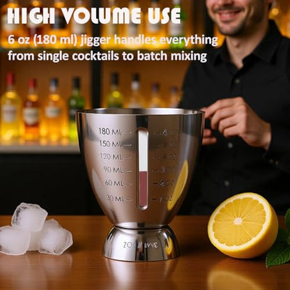 Cocktail Measuring Jigger for Bartending with Graduated Markings 1 oz to 6oz Heavy Duty 18/8 Multi-Unit Measure Stainless Steel Shot Measure Cup with 2 Pour Spouts - color: #2 Silver & 2 Spouts