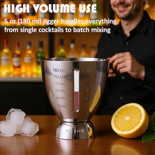 Cocktail Measuring Jigger for Bartending with Graduated Markings 1 oz to 6oz Heavy Duty 18/8 Multi-Unit Measure Stainless Steel Shot Measure Cup Pack of 2 - color: #2 Silver 2PCS