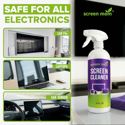 Screen Mom Screen Cleaner Spray and Microfiber Cloth 16oz Screen Cleaner Spray and Wipe for TV, Laptop, Computer, Phone, iPad, Car Screen Cleaning Kit Electronic Cleaner Spray - size: 16 Fl Oz (Pack of 1)