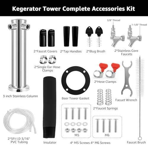 Kegerator Tower Dual Tap Beer Tower Dispenser, Draft Beer Tap Tower Kegerator Parts, Upgraded 3" Flange Keg Tower with Pre-Assembled Tubing & Self-Closing Brass Beer Faucet Stainless Core - size: Dual Tap Beer Tower(Brass Faucet)