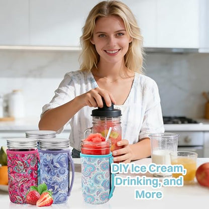 KJQJLY 4 Pcs Mason Jars Sleeves Neoprene 24oz Regular and Wide Mouth Mason Jar Sleeves Holder with Handle (Paisley, 24 OZ) - color: Paisley, size: 24 OZ