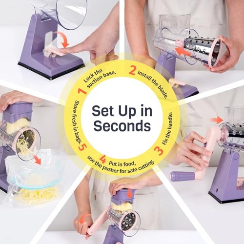 Upgraded Rotary Cheese Grater with 3 Interchangeable Stainless Steel Drums, One-Press Powerful Suction Manual Vegetable Shredder&Slicer for Kitchen, 15pcs Storage Bags Included, Pinkish Purple - color: Pinkish Purple