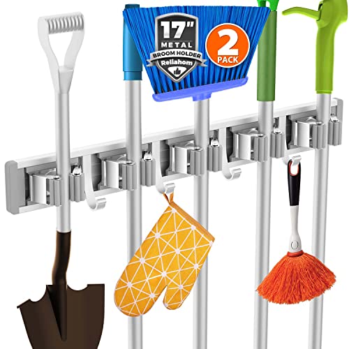 reliahom Broom Holder Wall Mount Mop Hanger Tools organizer 5Racks4Hooks,2P | Adjustable Mop Broom Wall Hanging Heavy Duty Tools Storage Rack Space-saving for Garage,Kitchen,Laundry Room,Garden, Silver - color: Silver, size: 2 Pack 5R4H
