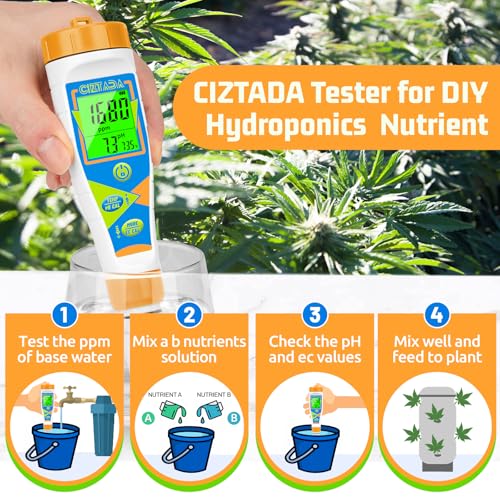 Digital pH Tester for Water pH EC PPM Meter for Hydroponics Nutrients with 1413μs/cm Calibration Solution pH Conductivity TDS Temperature Monitor Meter for Indoor Plant, Pool, Drinking Water