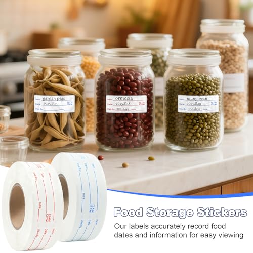 1200 Pieces Removable Food Labels Stickers, 2 Rolls 1x2 Inch Freezer Labels for Food Containers, No-Residue, Easy Clean, Waterproof & Oil-Resistant Food Storage Labels for Kitchen Restaurants