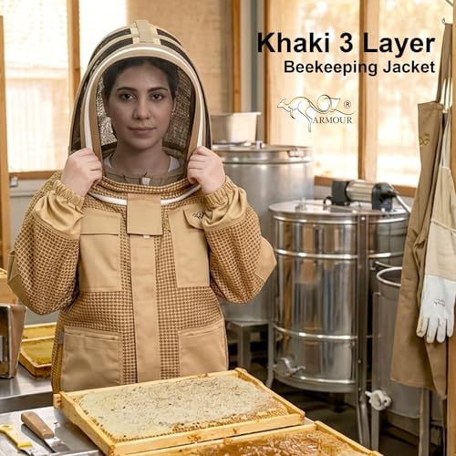 Khaki 3 Layer Beekeeping Jacket with Fencing Veil and Round Brim Hat (S) - size: S