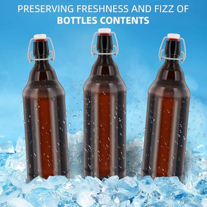 1Pc 32 oz Amber Glass Beer Bottles for Home Brewing with Flip Caps Refillable Brown Glass Storage Bottle with Swing Top Lids, Amber Iron Clasp Bottle 1000ML 1 Pack