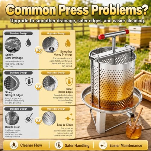Upgrade Honey Press Machine, Honey Extractor Beekeeping Machine with Curved Hook Stainless Steel Household Manual Honeys Press Extractor Beekeeping Tool for Wine Honeys and Juice Making
