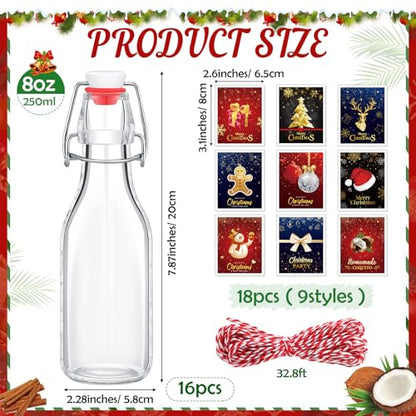 Havawish 16 Pcs Merry Christmas 8 oz Coquito Swing Top Glass Bottles with Airtight Cap Lids Labels Clear Flip Top Bottles with Stoppers for Homemade Christmas Home Brewing Beer Beverages(Warm) - style: Warm