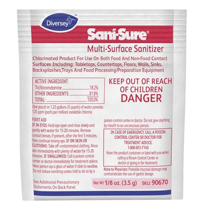 Diversey Sani-Sure Multi-Surface Sanitizer, 100 x 0.125 oz Packets | Food Contact Surfaces, Countertops, Sinks, Tables, Sanitizing Powder Packets - size: 0.13 Ounce (Pack of 100)