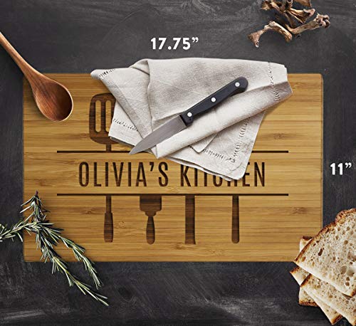 Andaz Press Personalized Large Bamboo Wood Cutting Board Gift, 17.75 x 11-inch, Olivia's Kitchen, Utensils Graphic, 1-Pack, Custom Laser Engraved Serving Chopping Board - color: Custom Name