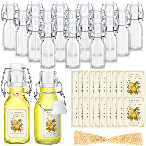 Havawish 20 Sets 4 oz Limoncello Bottles Swing Top Glass Bottles for Homemade Clear Flip Top Mini Limoncello Bottle with Labels Airtight Cap Lids for Home Brewing Gifts Wedding Baby Shower Favors
