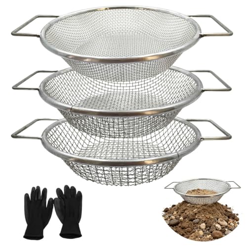 Soil Sifter for Gardening - 5 Gallon Bucket Dirt Sifter for Rocks | 3Pcs Compost Sifter, 1/8",1/4",3/8" Garden Sifter with Handles, Heavy Duty Rock Sifter for Yard, Garden Sieve, Soil Screen - color: Silver