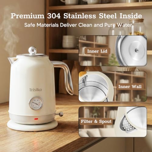 Trisiko® Electric Kettle with Thermometer, 1.7L / 57 oz White Electric Tea Kettle, 1200W Hot Water Kettle with Auto Shutoff, Boil-Dry Protection, 360-degree Cordless Base for Coffee and Tea