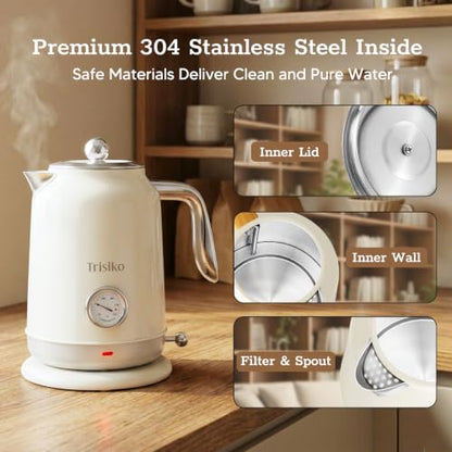 Trisiko® Electric Kettle with Thermometer, 1.7L / 57 oz White Electric Tea Kettle, 1200W Hot Water Kettle with Auto Shutoff, Boil-Dry Protection, 360-degree Cordless Base for Coffee and Tea