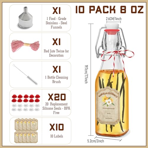 10 Pack Swing Top Glass Vanilla Extract Bottles 8 oz with Lids, Vanilla Labels & Funnel, Boston Square Bottles for Homemade Syrup, DIY Gifts, Flip Top Jars for Extract - color: 10PC 8oz Square Bottle