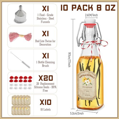 10 Pack Swing Top Glass Vanilla Extract Bottles 8 oz with Lids, Vanilla Labels & Funnel, Boston Square Bottles for Homemade Syrup, DIY Gifts, Flip Top Jars for Extract - color: 10PC 8oz Square Bottle