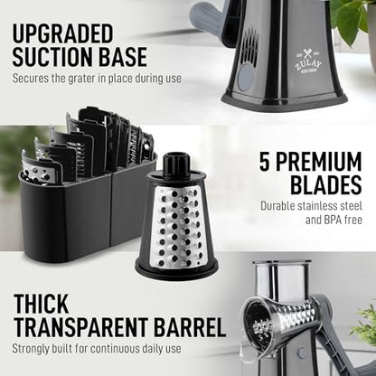 Zulay Kitchen Rotary Cheese Grater 5 Blade Cheese Shredder - Manual Hand Crank Cheese Grater With Reinforced Suction & 5 Interchangeable Drums - Easy to Use, Vegetable Chopper Round Mandoline Slicer - color: Black Gray