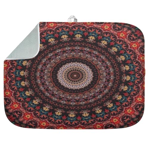 Sanwarm Absorbent Dish Drying Mat, Geometric Mandala Floral Microfiber Pad for Kitchen Counter, Coffee Bar Decor, Heat Resistant and Reversible, 16" x 18" - color: Mandala, size: 16" x 18"