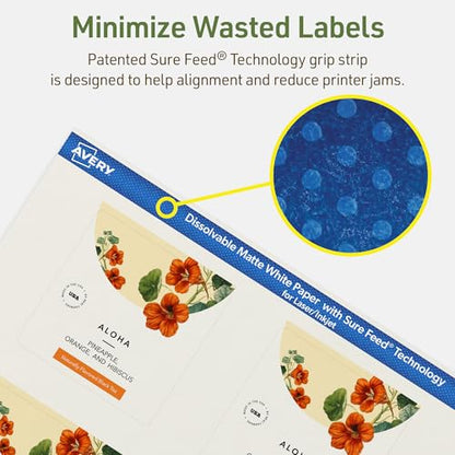 Avery Dissolvable Square Labels, Sure Feed Technology, 2.75" x 2.75", Matte White, Print-to-The-Edge, Laser/Inkjet Printable, 30 Labels Total - style: 30 labels