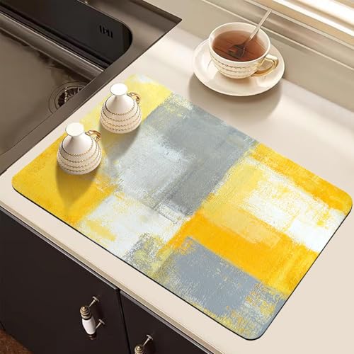 Dish Drying Mat for Kitchen Counter, Yellow and Grey White Abstract Art, Absorbent Quick Dry Pad with Rubber Backing, Dish Rack Pad for Dishes, Utensils, Countertops, Sinks 12" x 20 - color: Yellow and Grey White