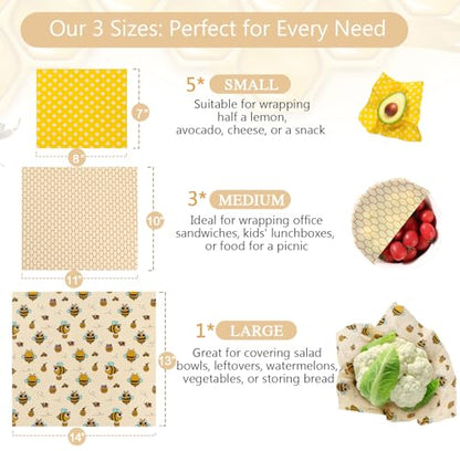 Beeswax Wraps for Food - 9 Pack Reusable Food Wraps | Sustainable, Plastic-Free Alternative to Plastic Wrap & Foil | Sandwich, Cheese, Bread & Bowl Covers for Eco-Friendly Food Storage - color: 9 Pack - Golden Meadow