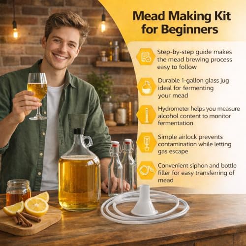Mead Making Kit for Beginners,1 Gallon Glass Carboy Fermentation Set | Includes Airlock, Hydrometer, Auto Siphon & 4 Bottles, Easy Home Brewing Starter Kit for Mead, Wine & Fruit Wine