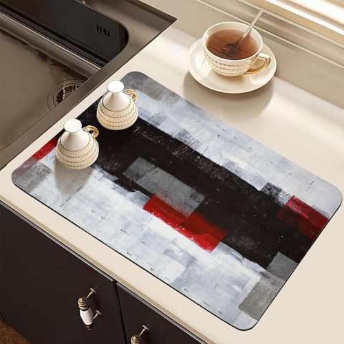 Dish Drying Mat for Kitchen Counter, Black and Grey Abstract Art, Absorbent Quick Dry Pad with Rubber Backing, Draining Mat Dish Rack Pad for Dishes, Utensils, Countertops, Sinks 12" x 20 - color: Black and Grey